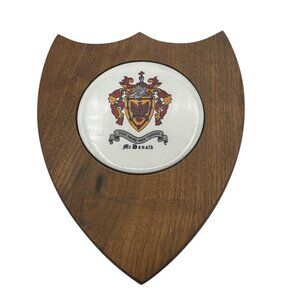 VTg McDonald Clan Coat Of Arms Wooden Shield Plaque With Ceramic Heraldic Crest